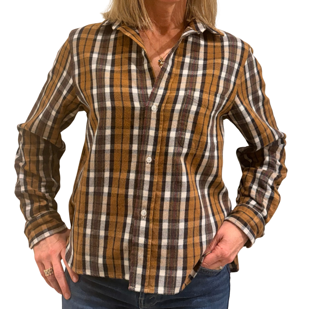 Silvio Untuckable Button-Up Shirt in Large Brown, Cream, Red Plaid
