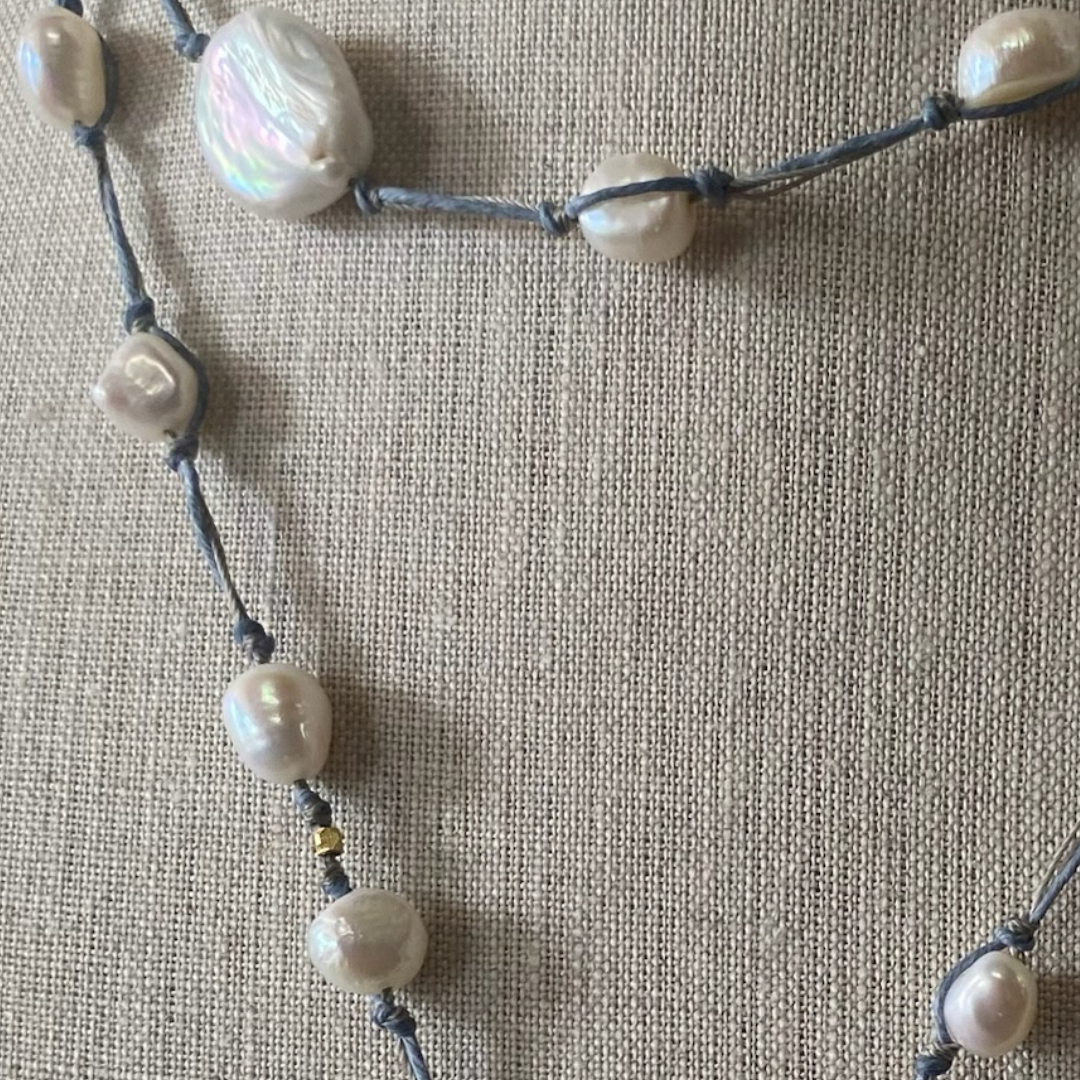 Elsa Silk Lariat in Denim/White Pearl