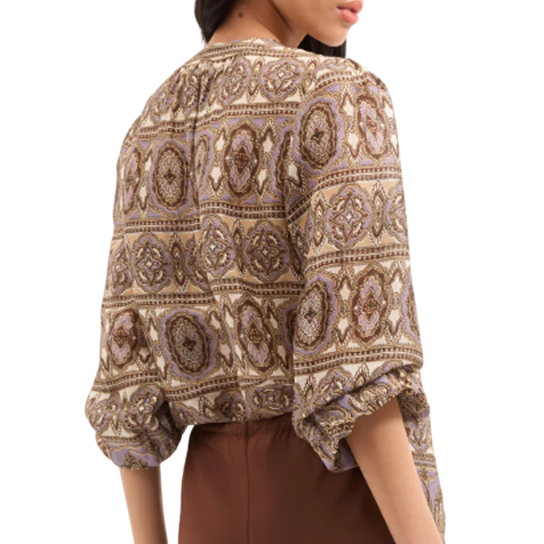 Ashlynn Silk-Linen Blouse in Stone Khaki Multi