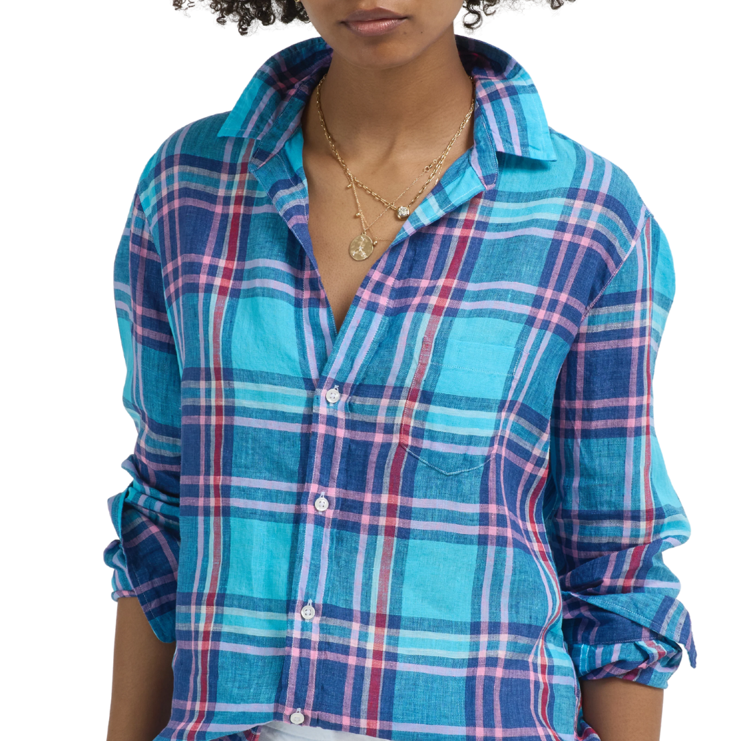 Eileen Relaxed Button-Up Shirt in Turquoise Plaid