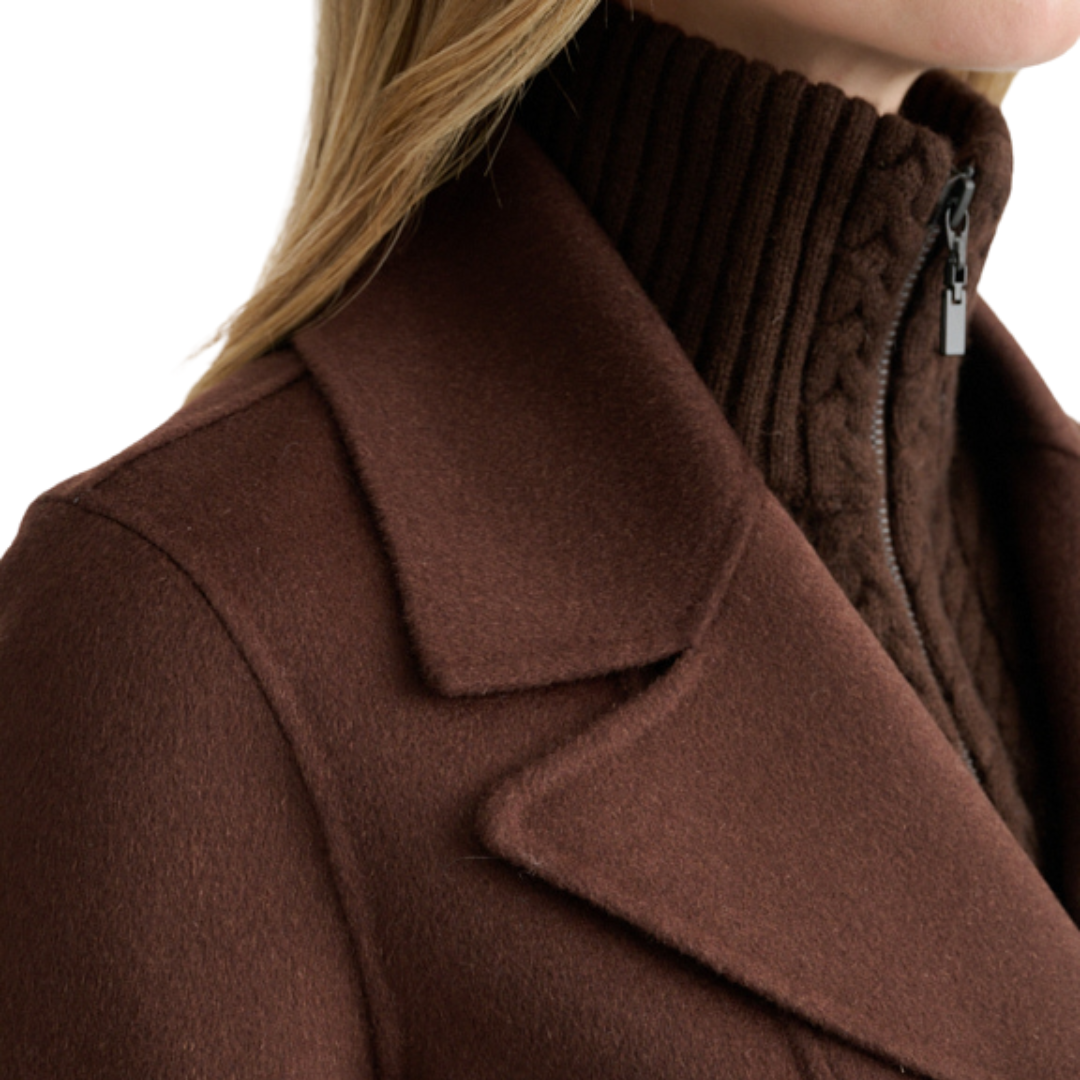 Cable Knit Insert Notch Collar Coat in Chocolate