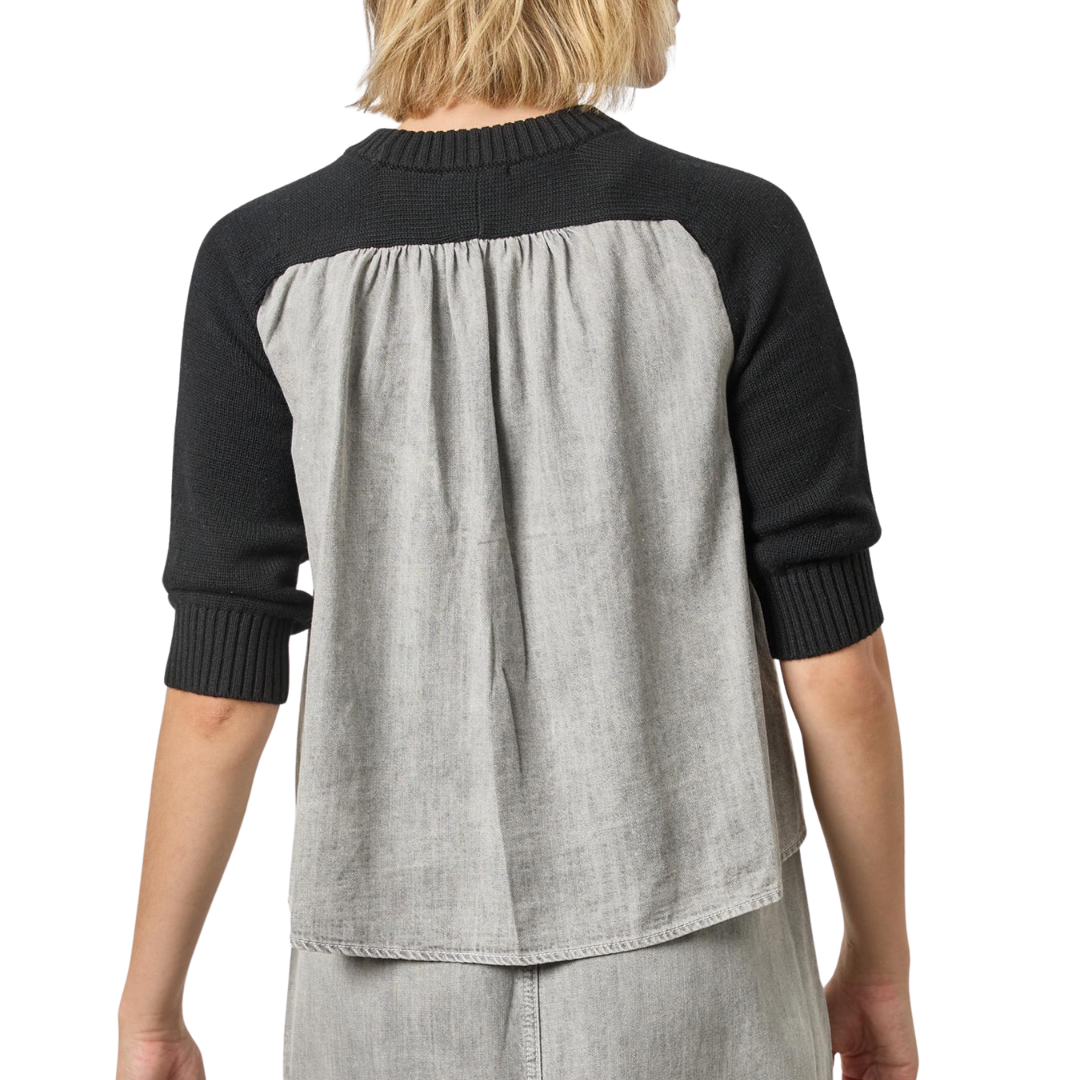 Denim Elbow Sleeve Sweater in Black
