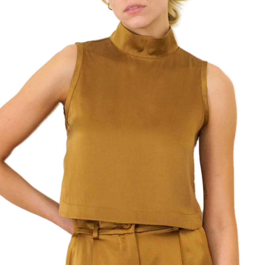 Rena Mock Neck Tank W/ Button Back in Matte Gold