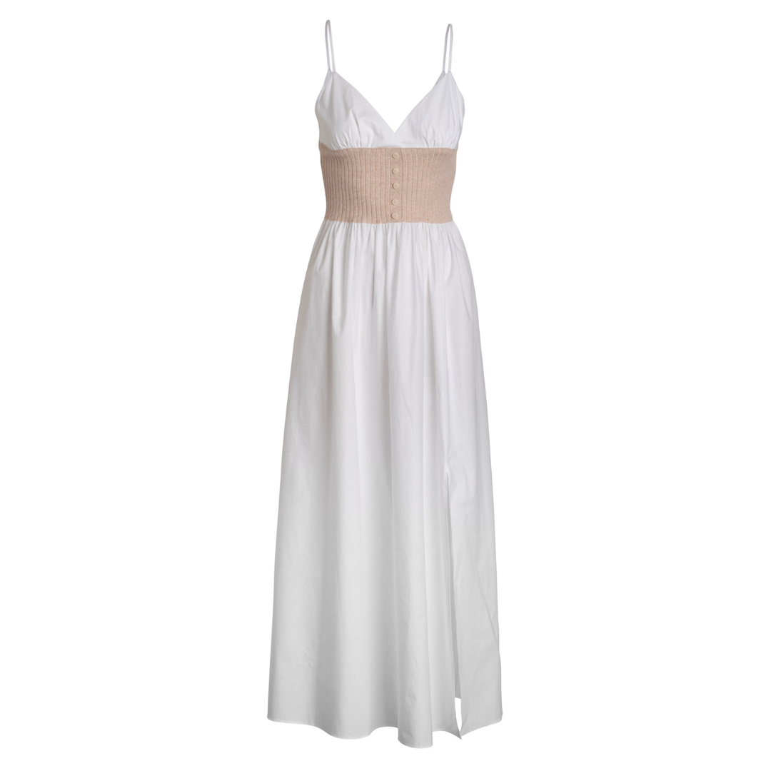 Cotton Cashmere Full Length Hybrid Dress in Beige Combo