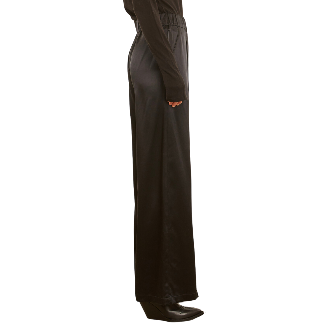 Silk Wide Leg Pintuck Pants in Black