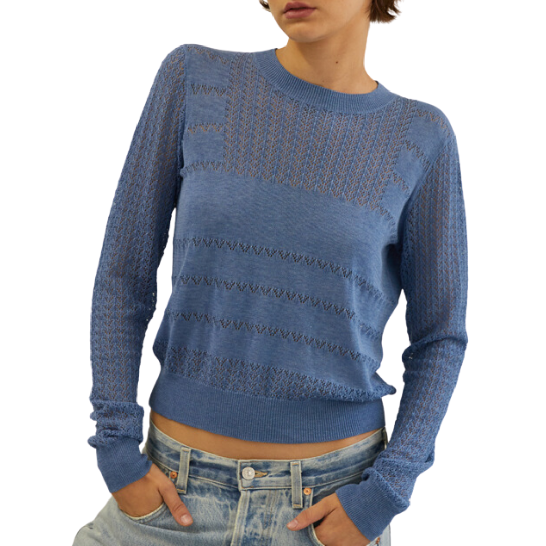 Crew W/ Pointelle Yoke & Sleeves in Jeans