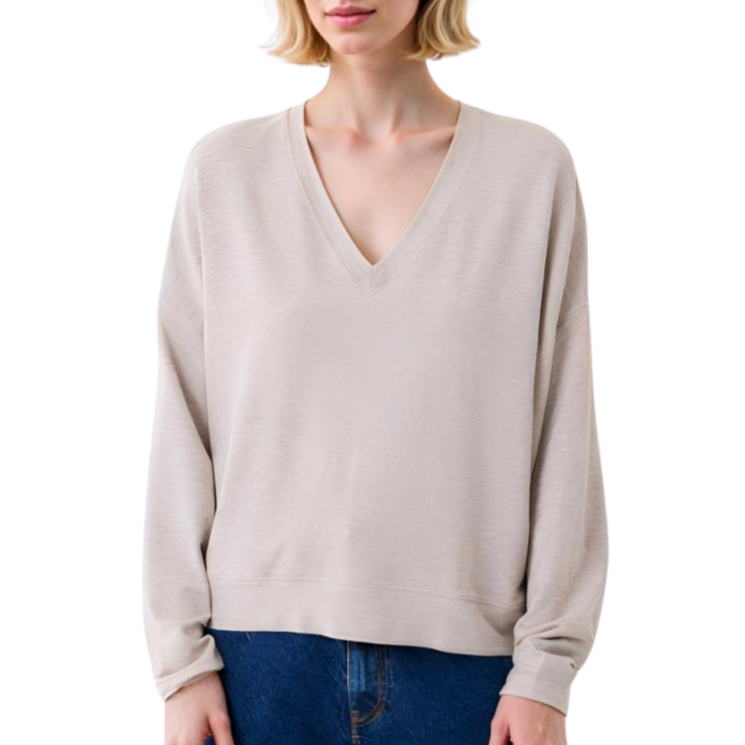 French Terry Long Sleeve Semi Relaxed V-Neck in Ecru Chine