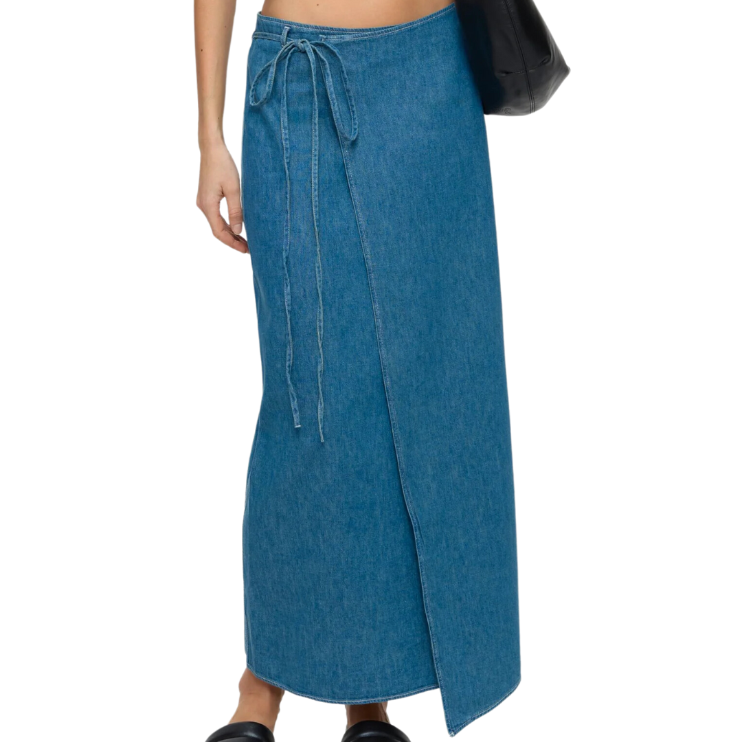 Denim Wrap Skirt in Mid Blue