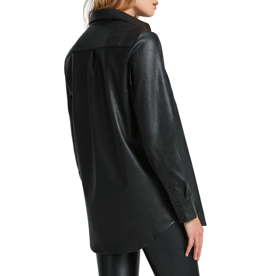 Lightweight Faux Leather Oversized Button Down in Black