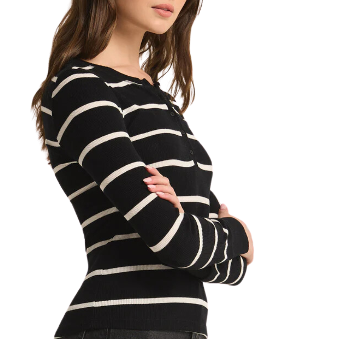 Scarlett Rib Stripe Henley in Black