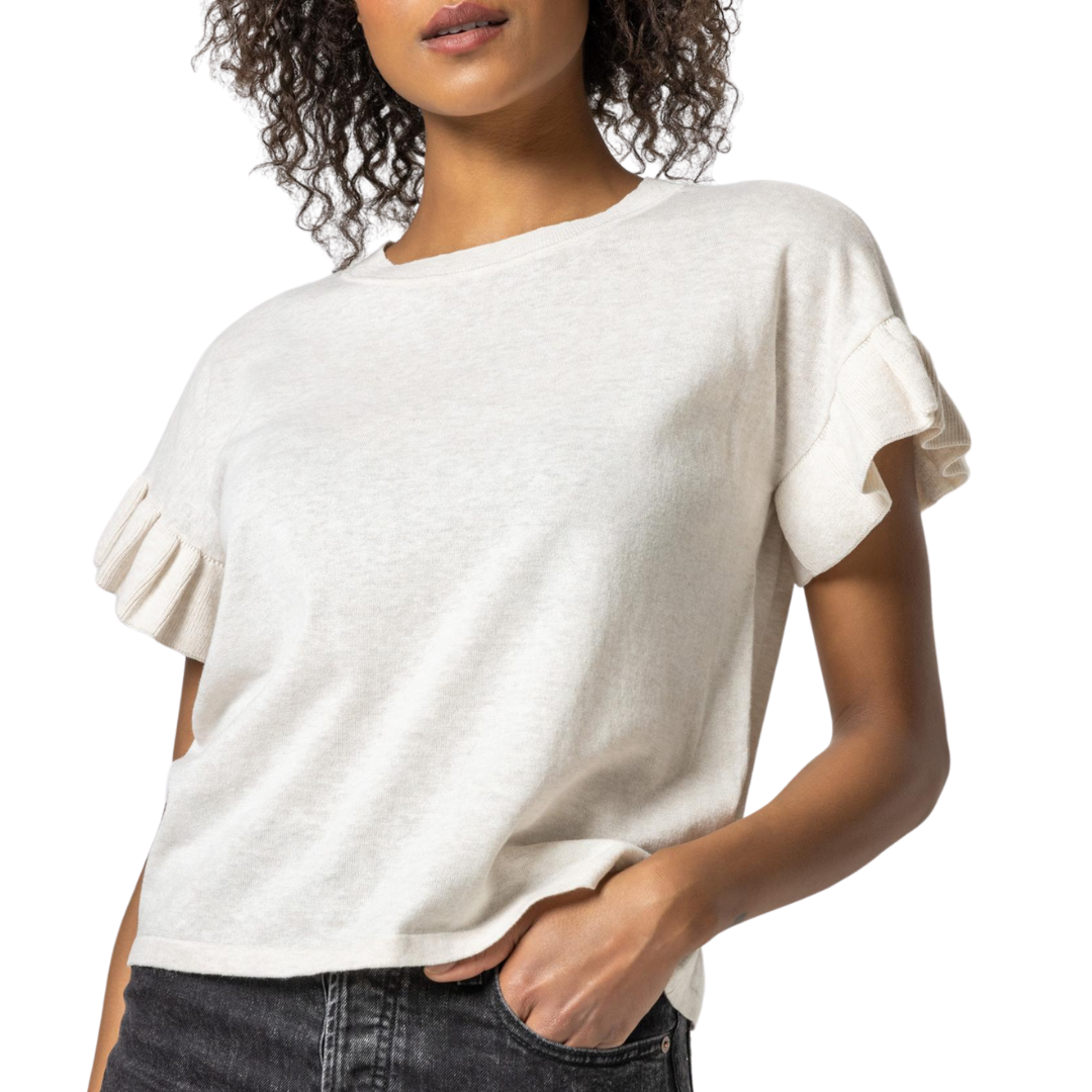 Ruffle Sleeve Crew Neck Sweater in Oat