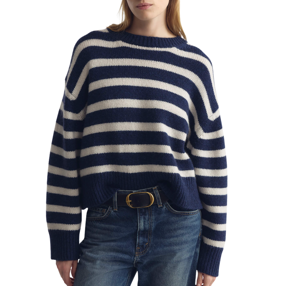 Anisa Stripe Cashmere Sweater in Marine/Ivory Stripe