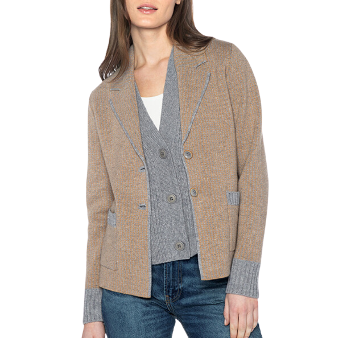 Houndstooth Notch Collar Cardigan in Slate/Camel