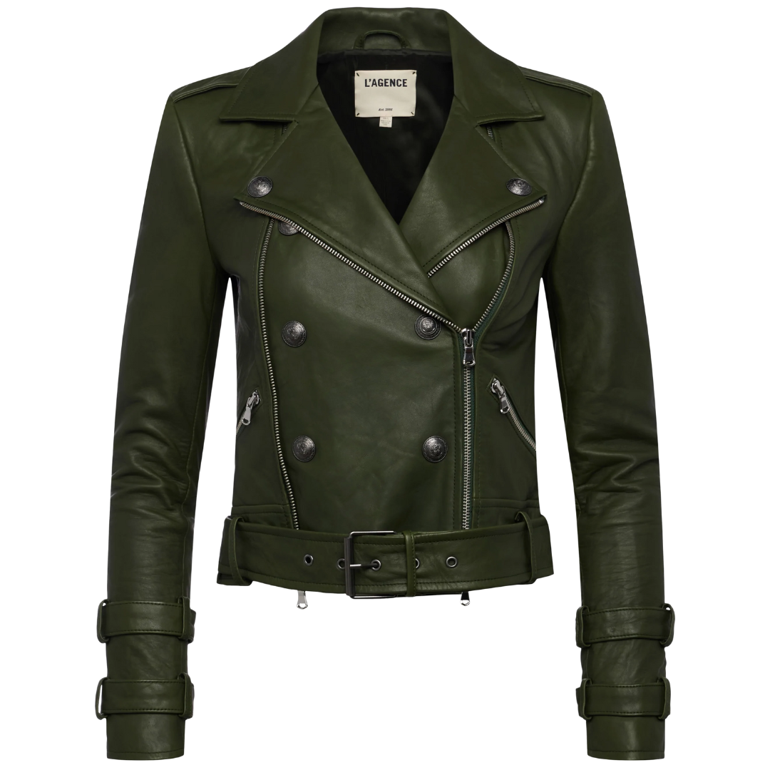 Billie Belted Leather Jacket in Dark Moss