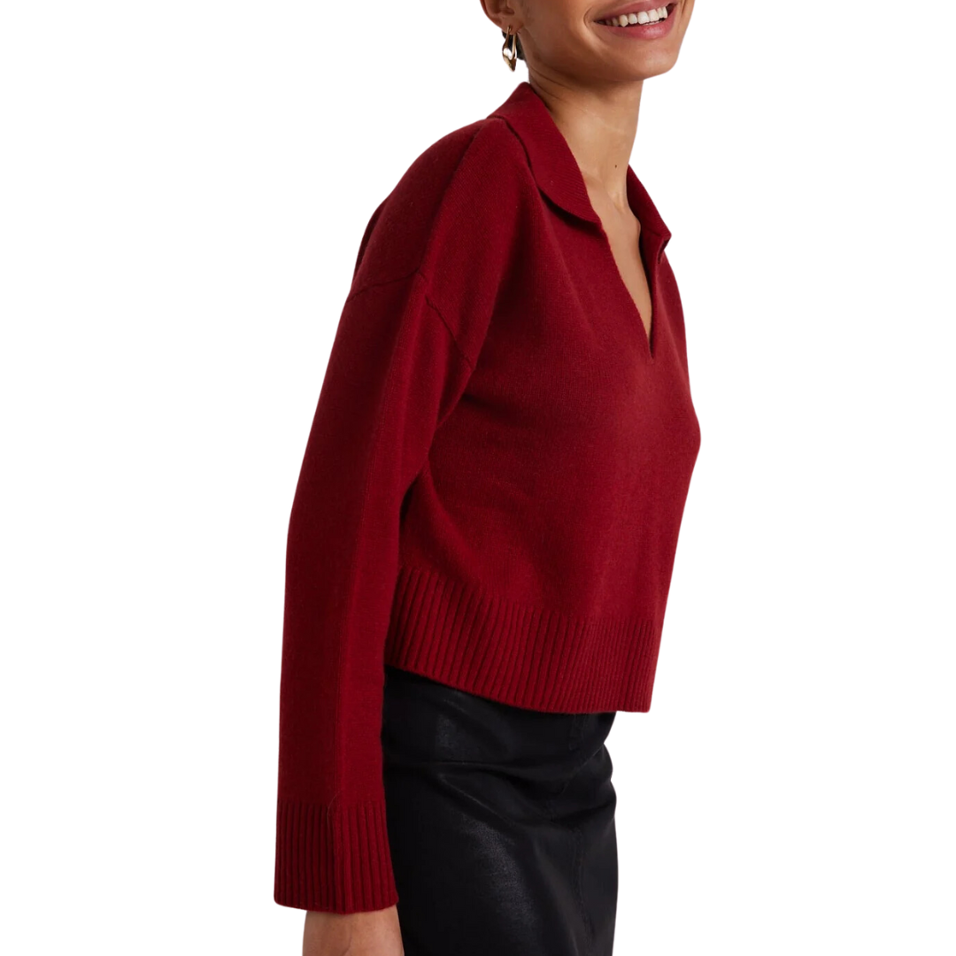 Wool and Cashmere Blend Collared Sweater in Garnet Red