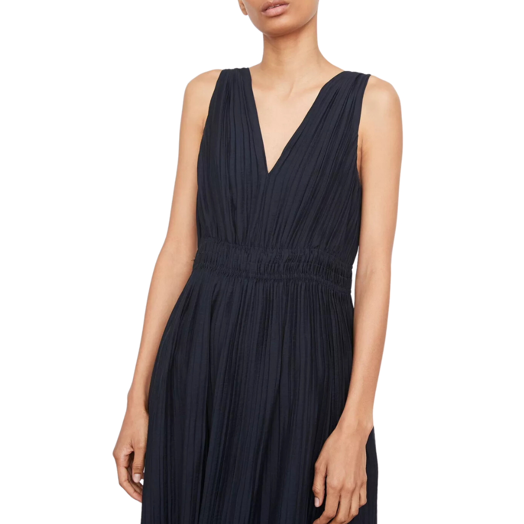 Pleated Double V-Neck Dress in Coastal Blue