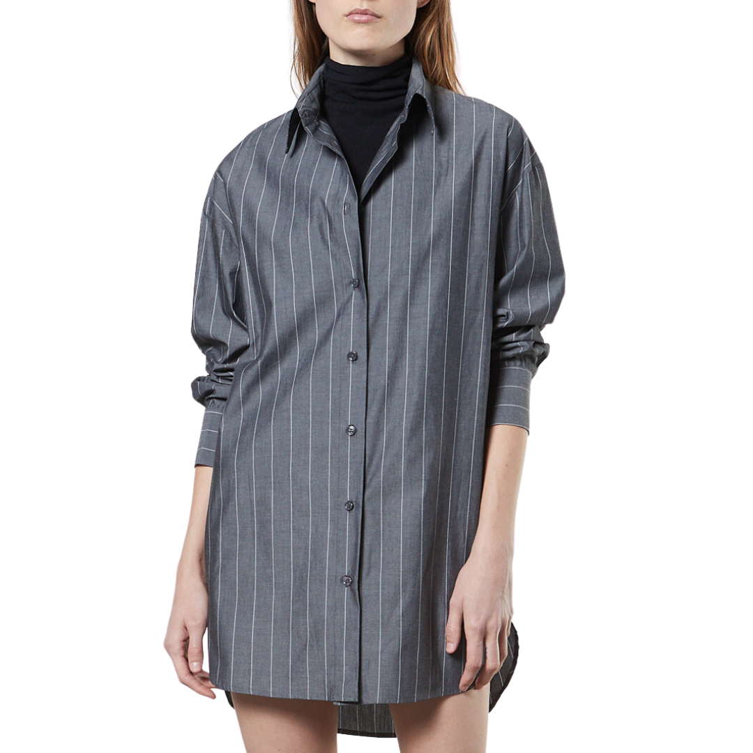 Cotton Mini Shirtdress in Charcoal Pinstripe