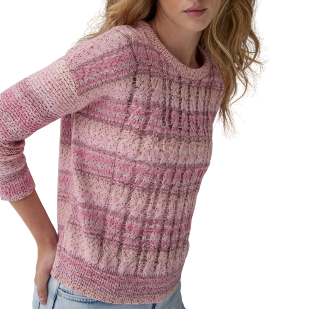 Space Dye Open Cable Crew in Strawberry Cream