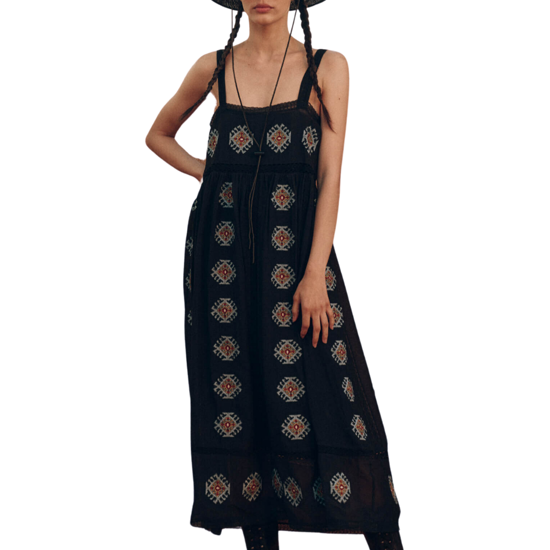 embroidered shift mini dress The Roam Dress with Folklore Embroidery in Black