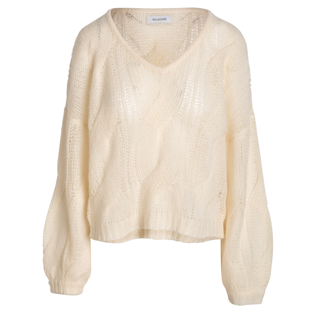 Cashmere Blend Airy Cable V Neck in White