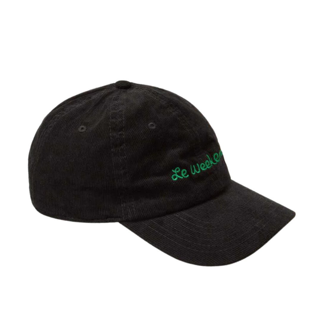 Baseball Hat in Black Corduroy w/ Green Embroidered Le Weekend