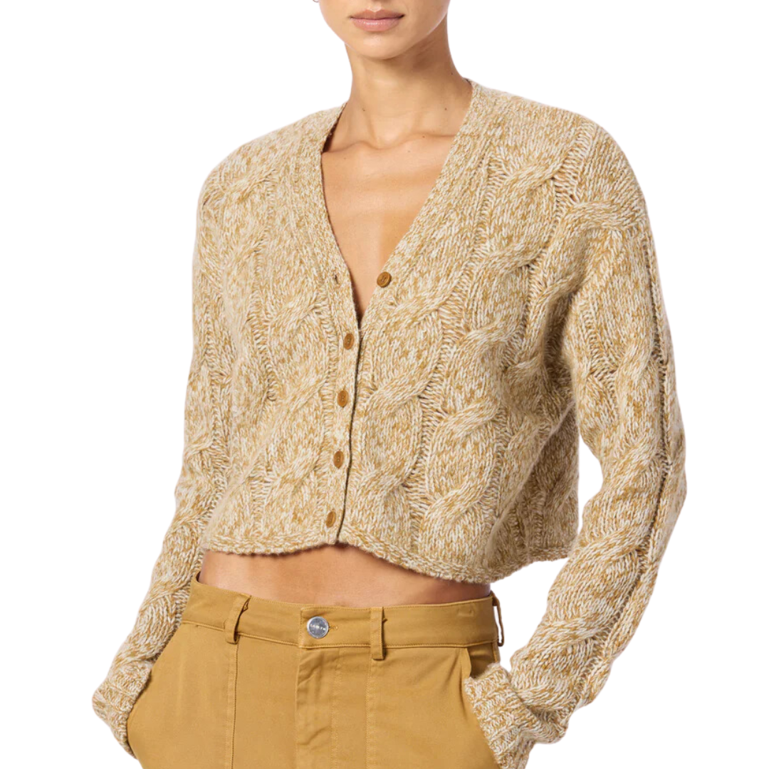 Jolie V-Neck Cropped Cable Cashmere Cardigan in Marled Matte Gold