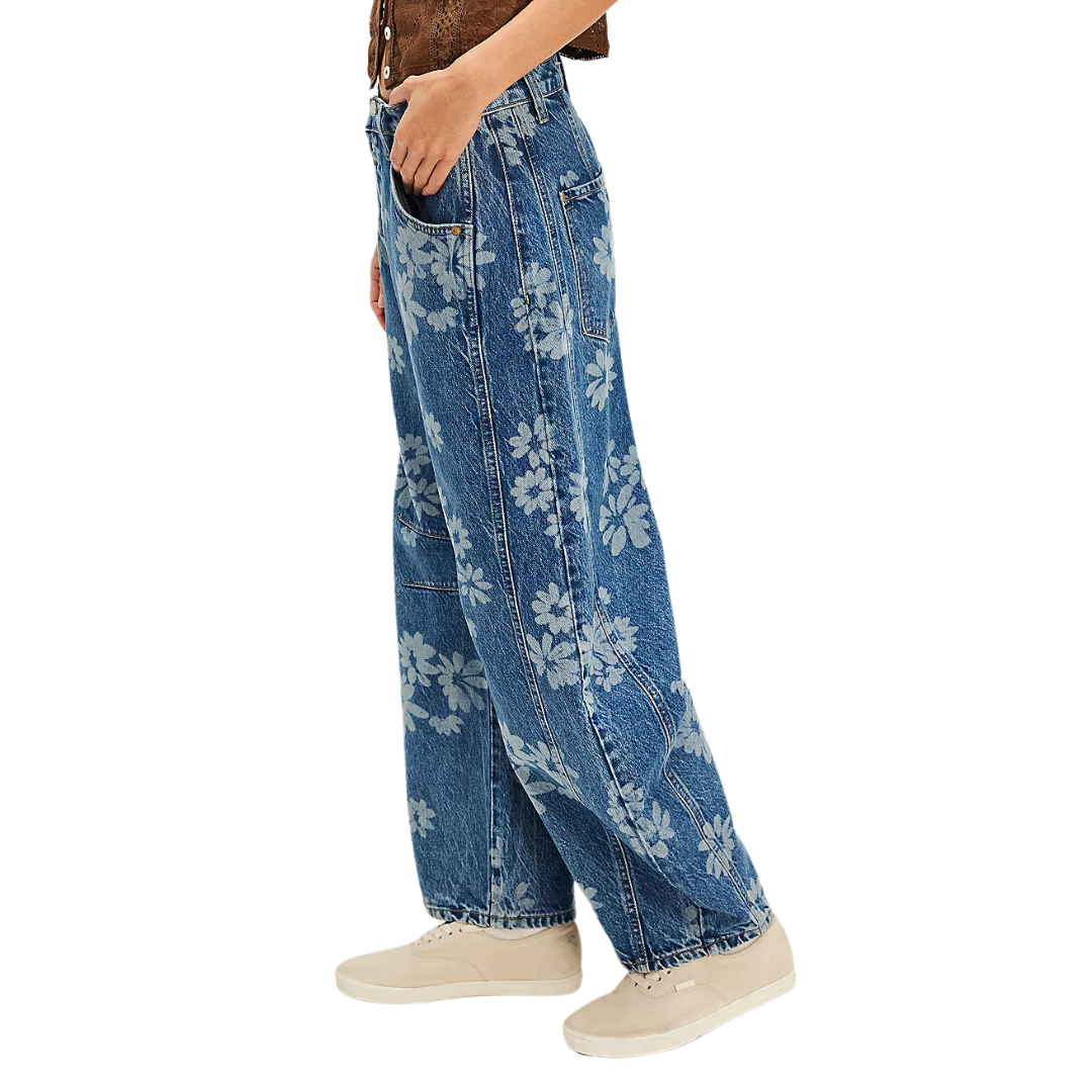 We The Free Good Luck Printed Barrel Jeans in Indigo Combo Laser Daisy