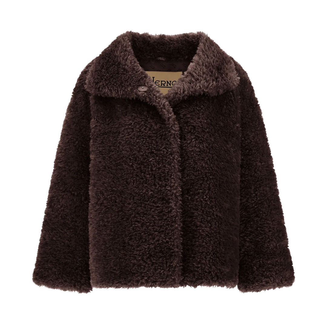 Curly-Effect Fur-Touch Short Jacket in Dark Brown