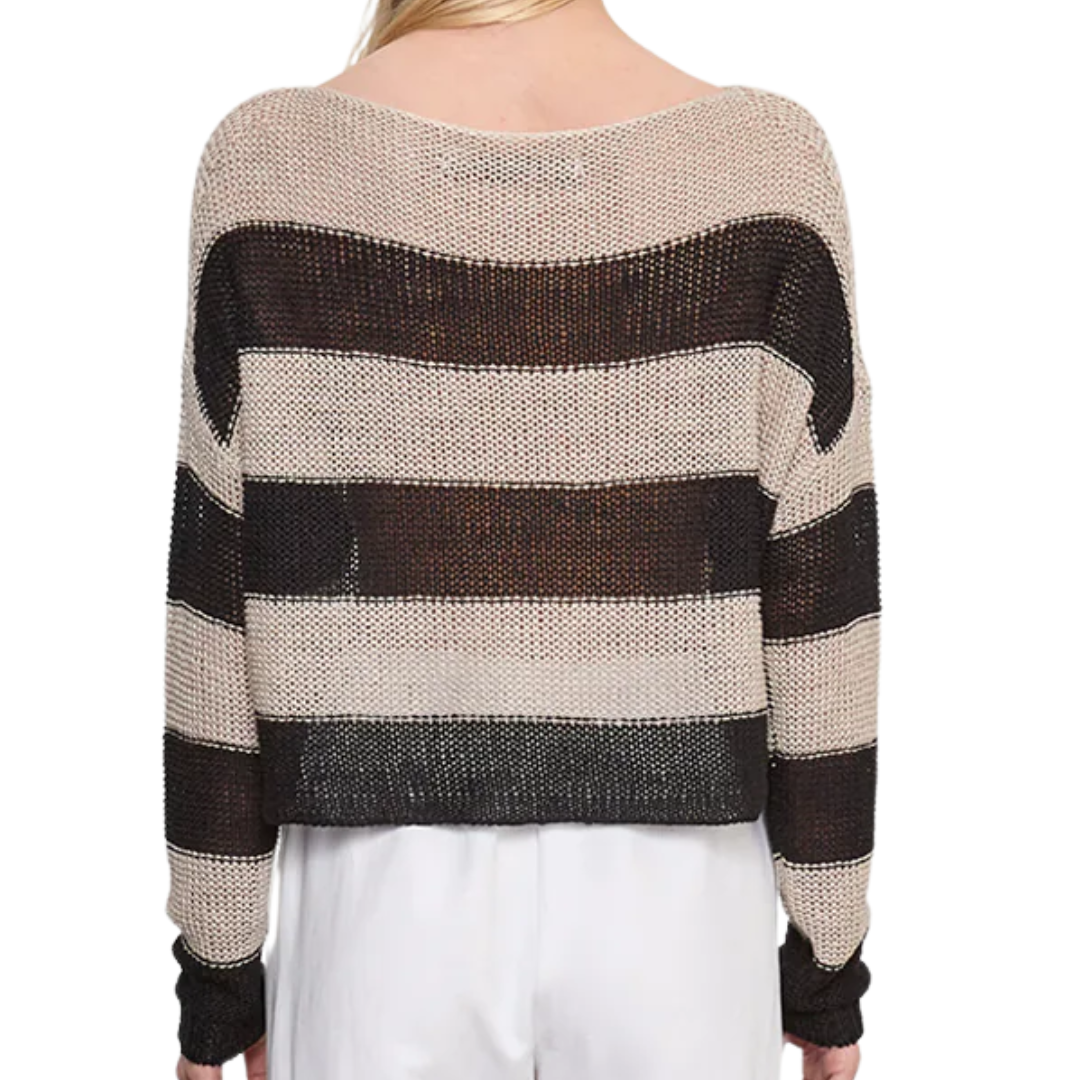 Stripe Linen Open Knit Bateau Sweater in Oatmeal/Black