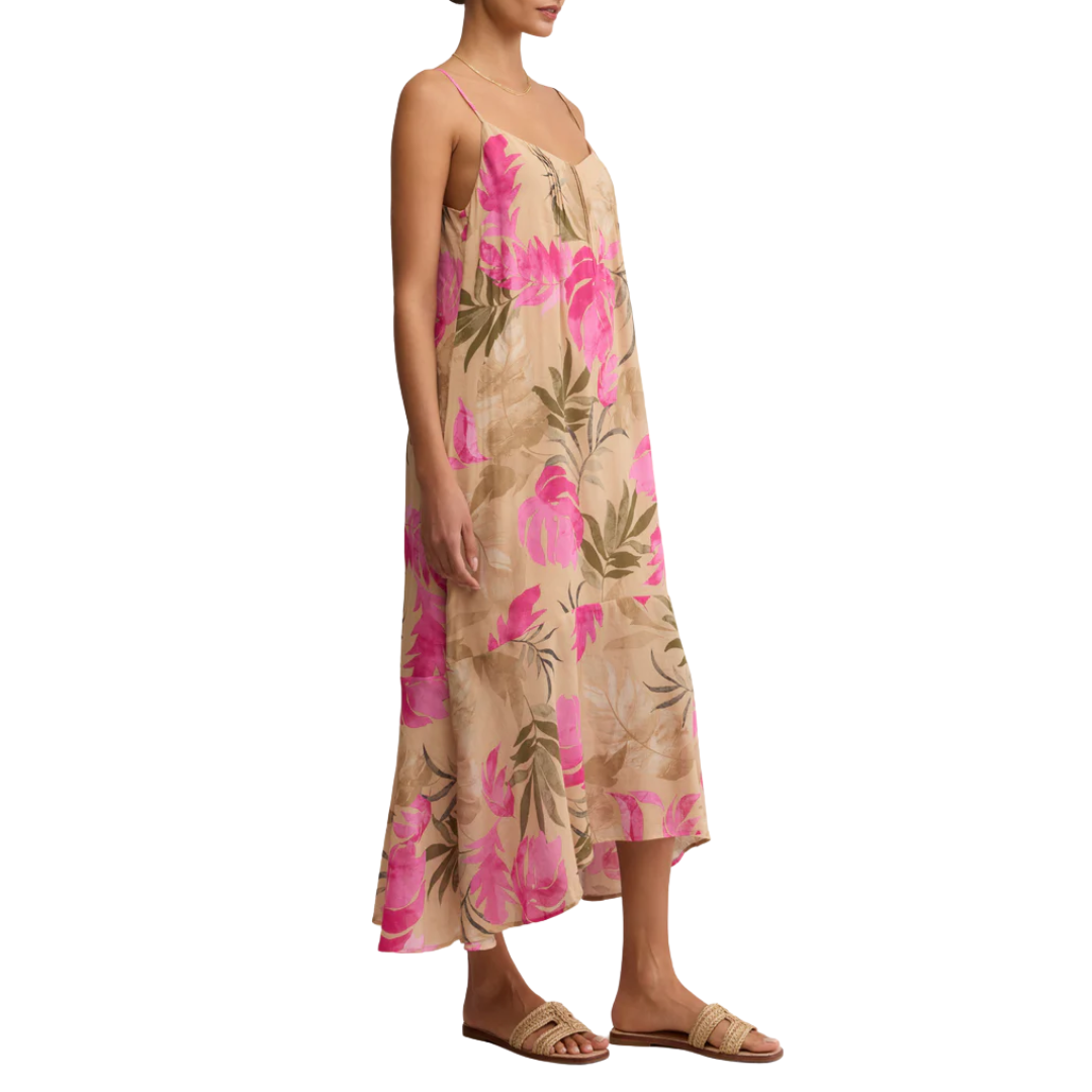 Benson Tropical Midi Dress in Desert Tan