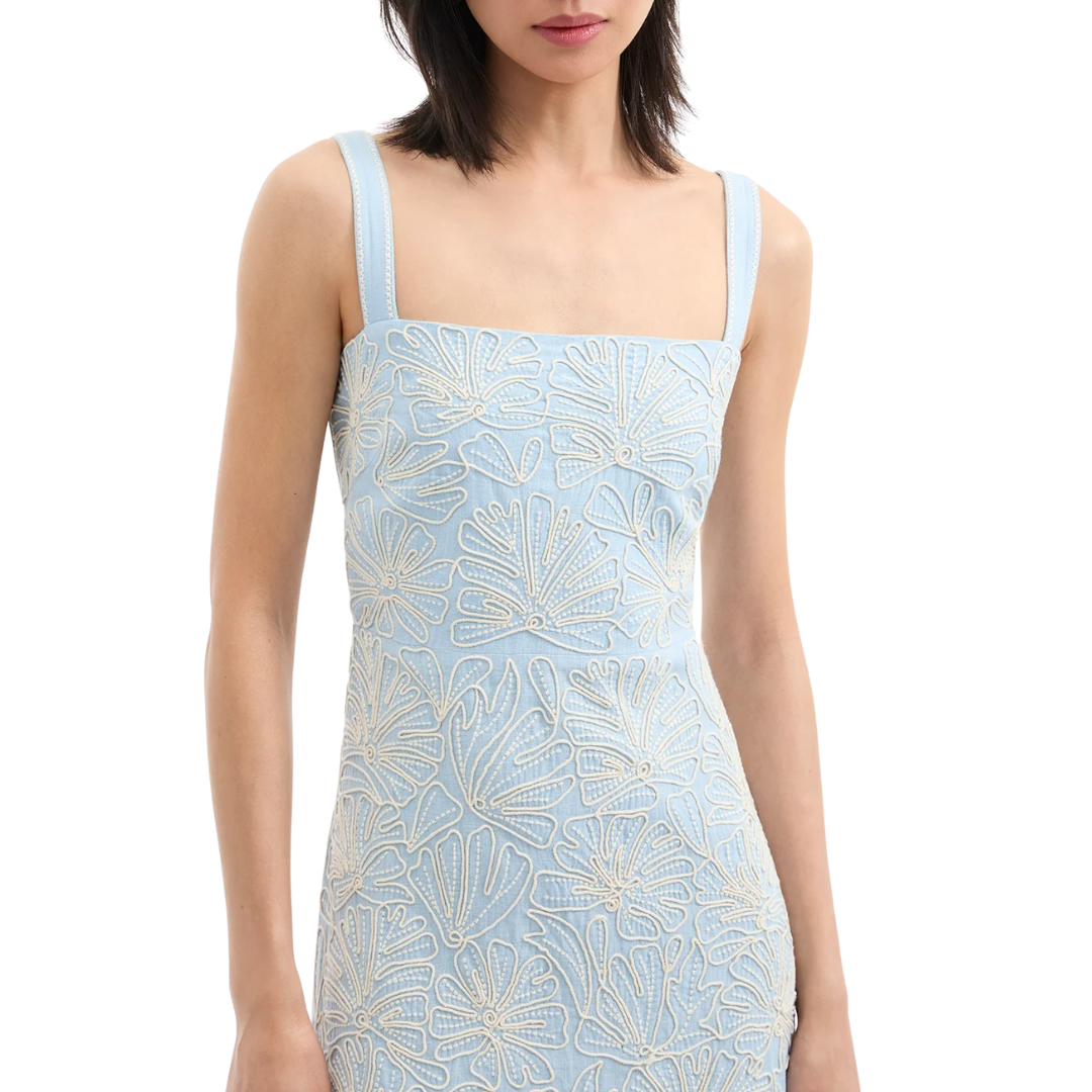 Ella Embroidered Midi Dress in Bluebell/Ecru