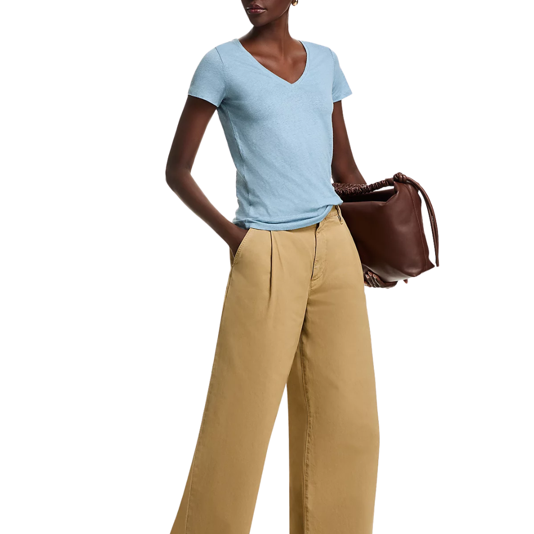 Stretch Linen Short Sleeve Semi Relaxed V-Neck in Ocean