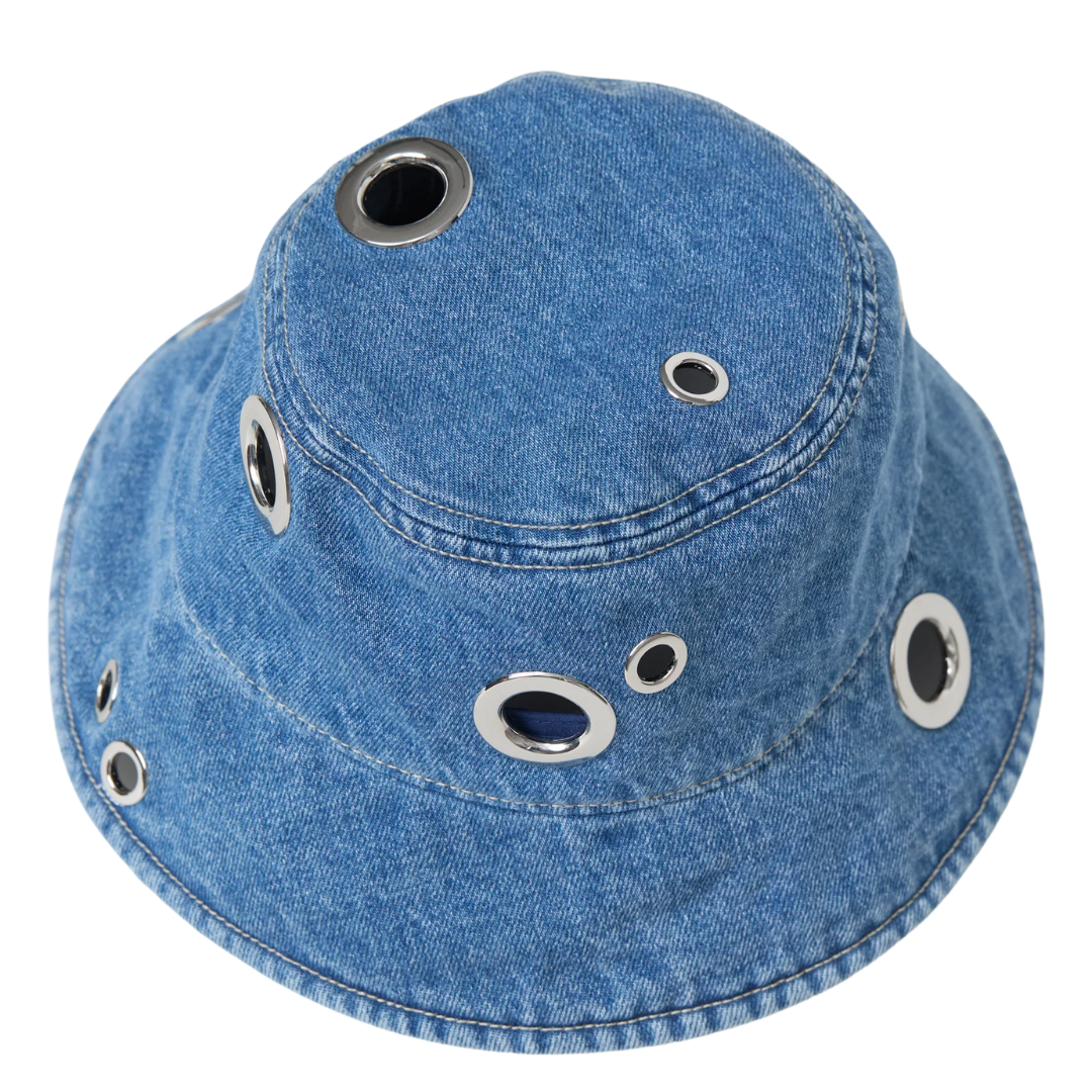 Denim Bucket Hat with Studs in Mid Blue