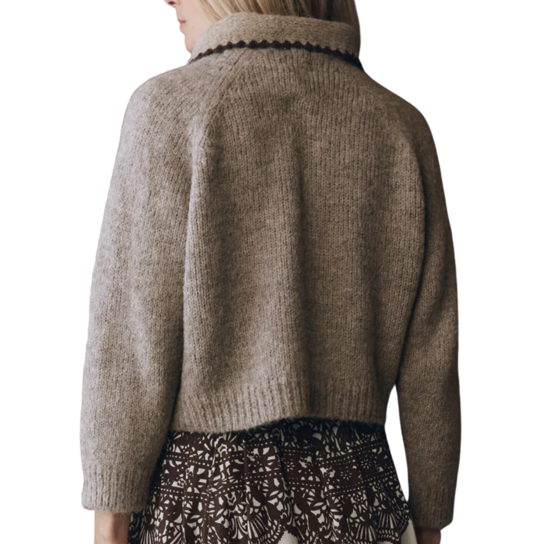 Crocket Collar Pullover in Oat with Brown