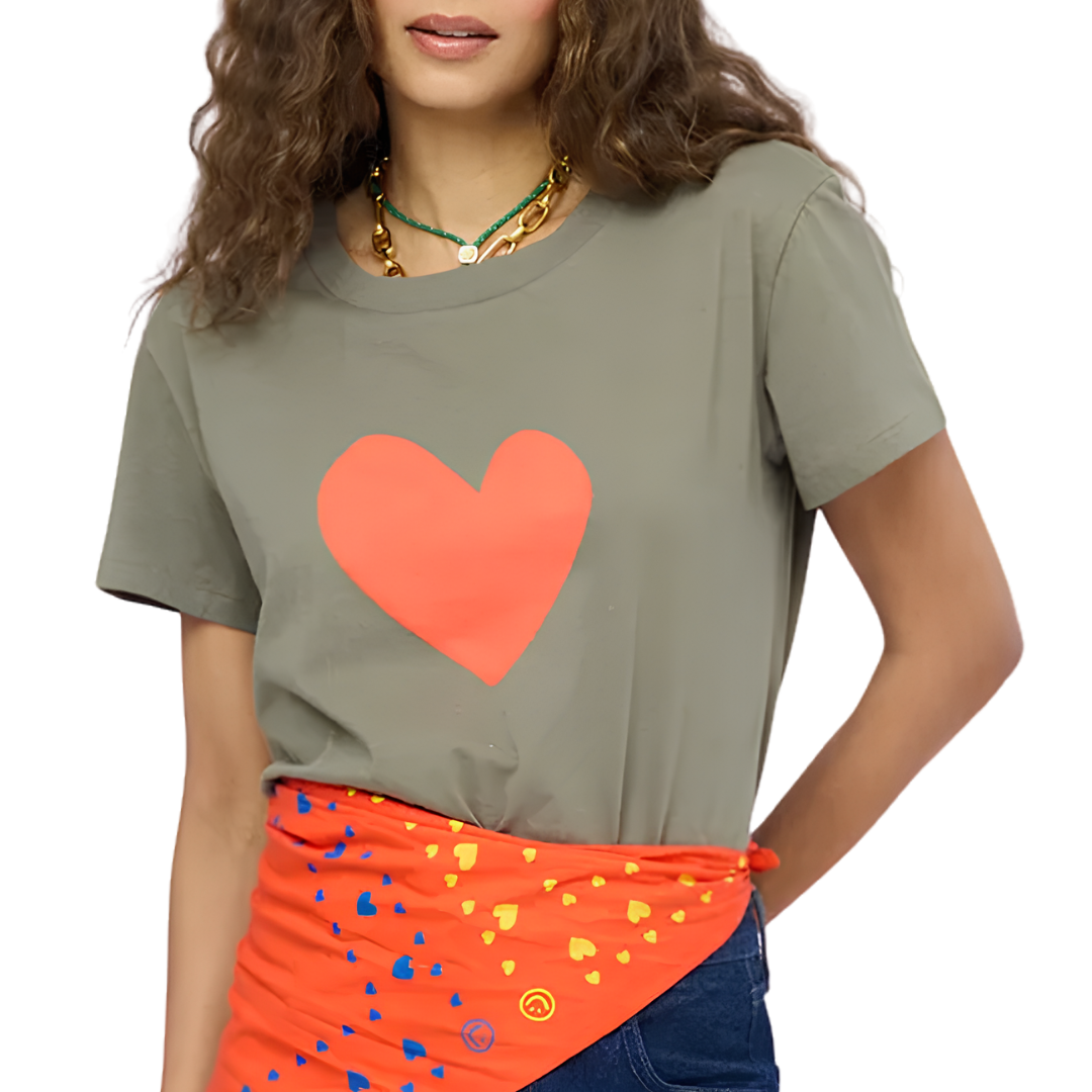Suke Imperfect Heart Tee in Army Green/Tomato