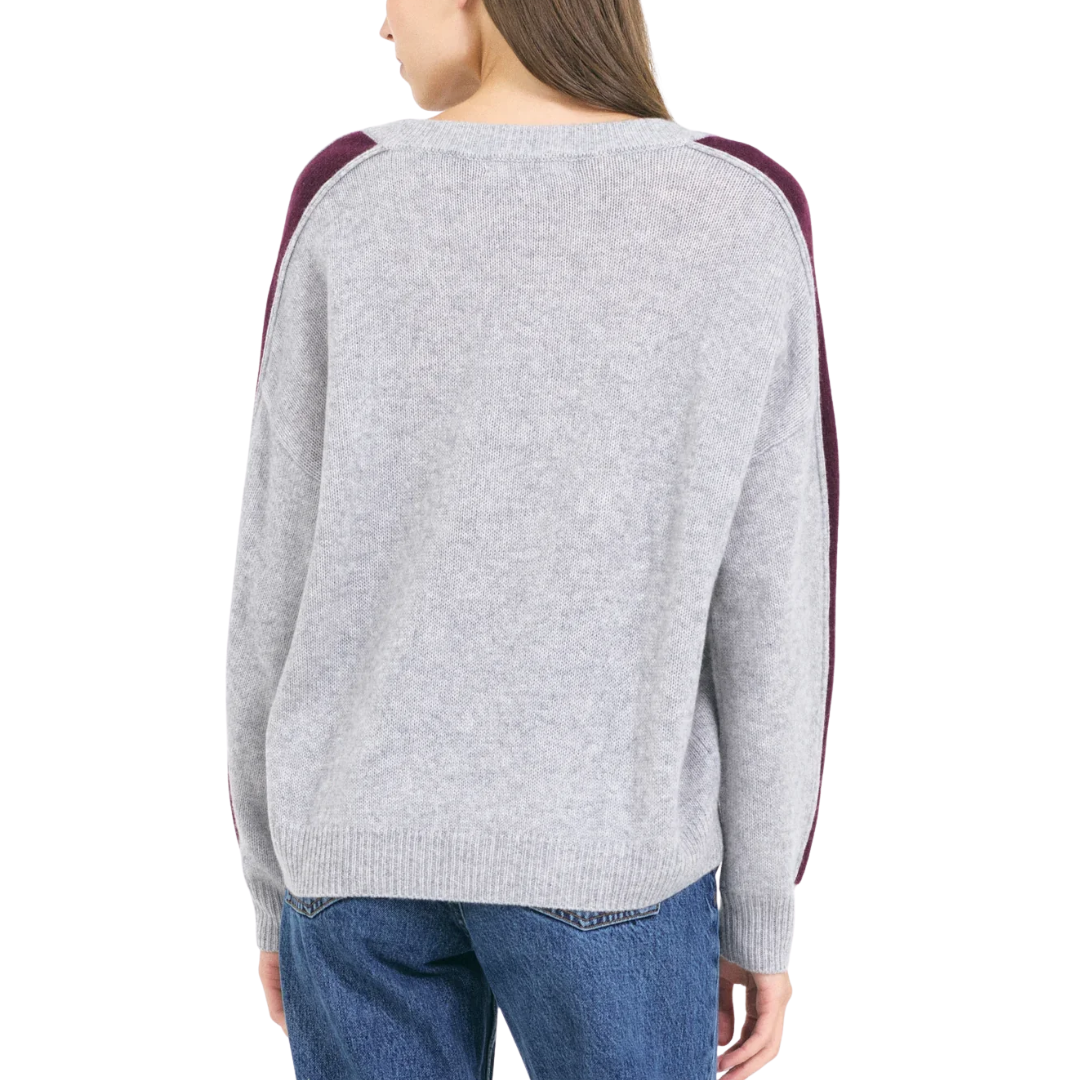 Connie Cashmere VNeck in Heather Grey Combo