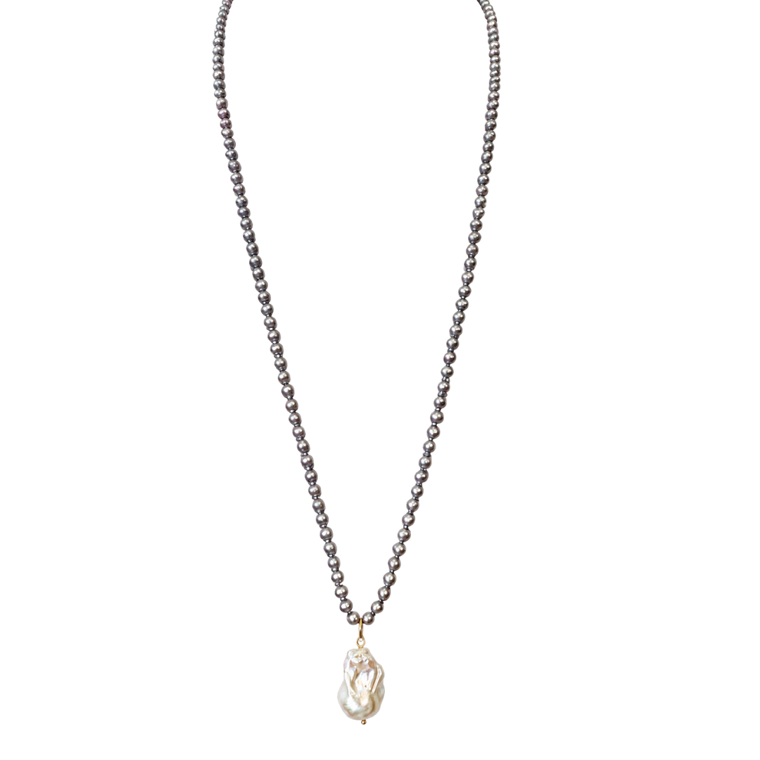 Large White Baroque Pearl 34" Necklace in Grey