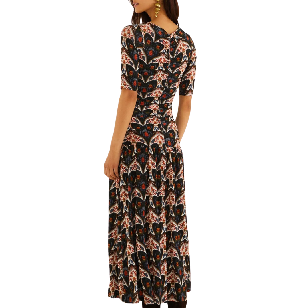 Porcelain Birds Long Sleeve Slim Maxi Dress in Black