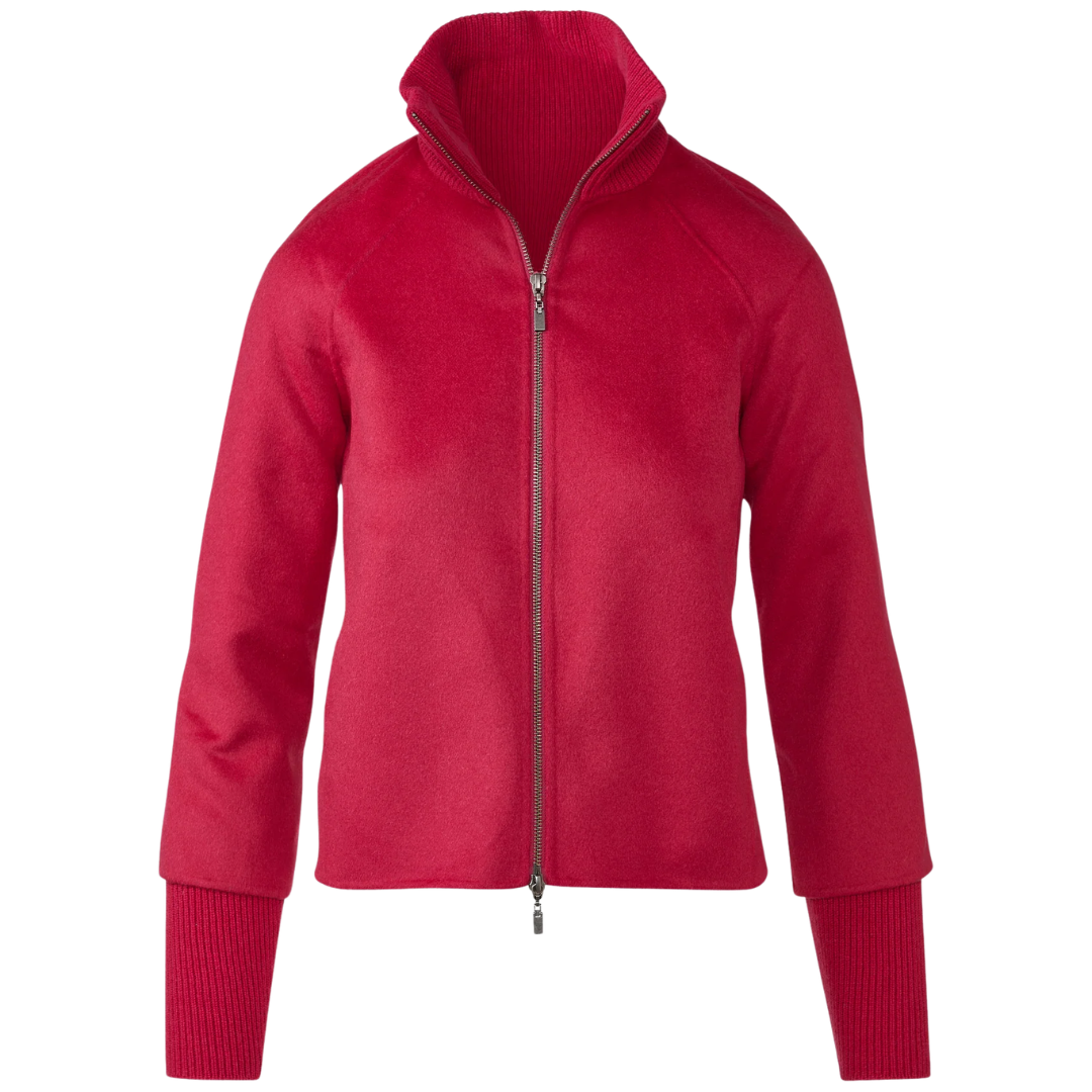 Classic Knit Trim Zip Mock Coat in Cranberry