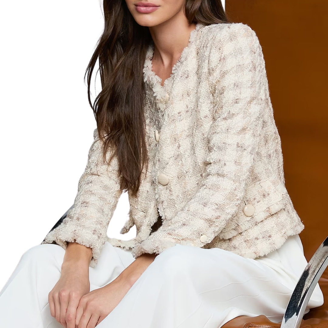 Zell Collarless Jacket in Taupe/Grey Houndstooth