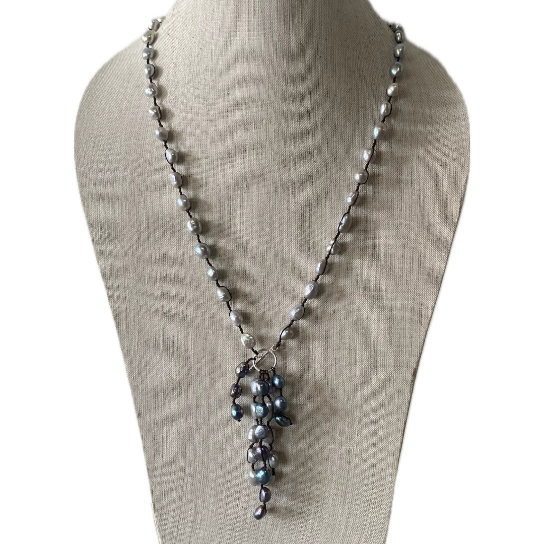 Emilia Necklace in Grey Pearl/Brown Silk