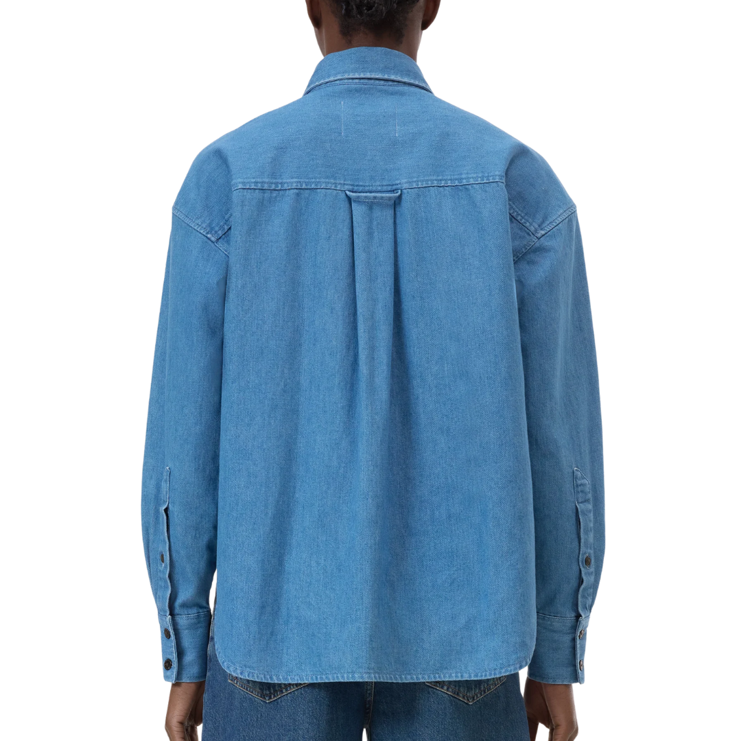 Cropped Denim Shirt in Mid Blue
