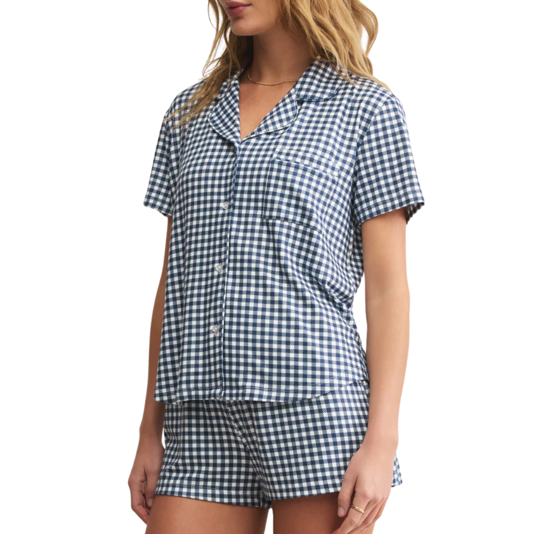 Amy Gingham Top in Yacht Blue