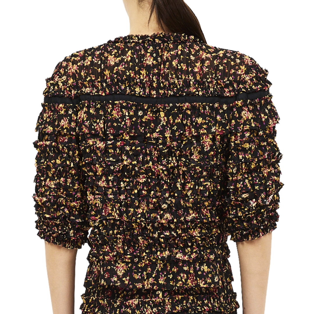Mabel Short Sleeve Silk Top in Noir Mille-Fleur