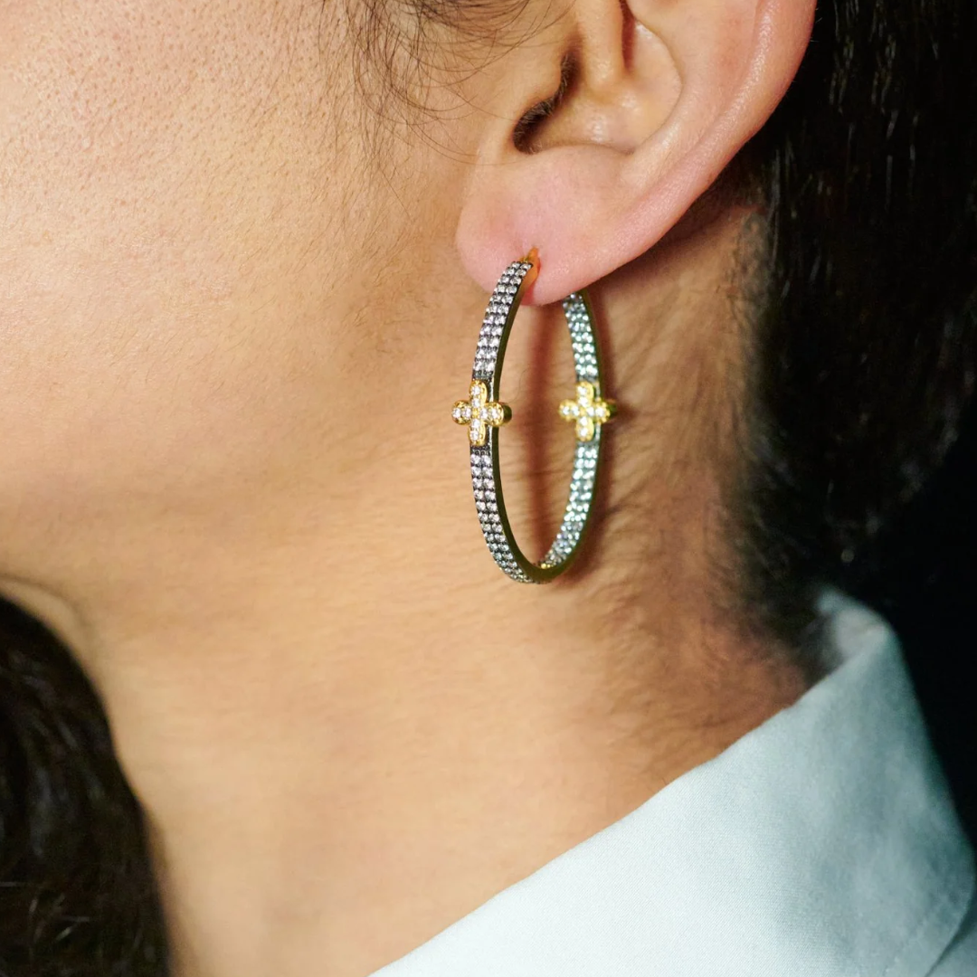 Pavé Double Row Clover Hoop Earrings in Gold & Black