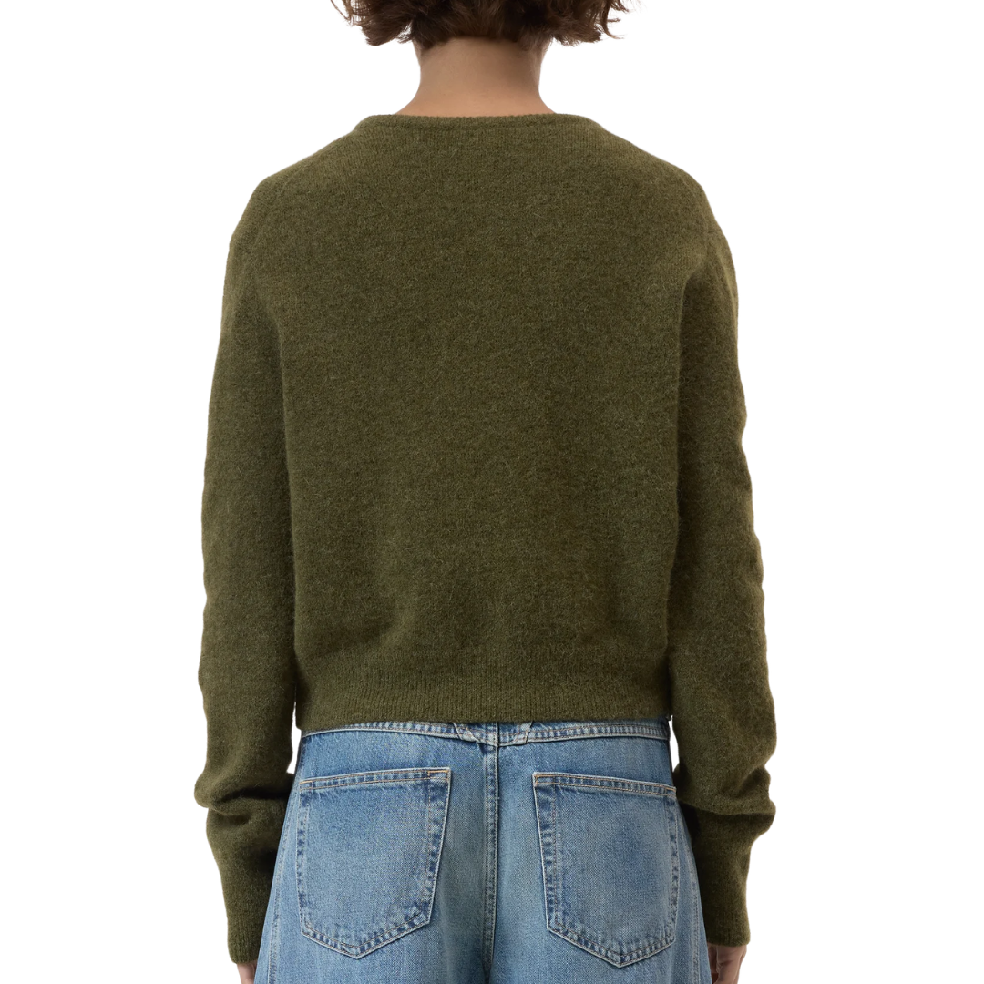 Crew Neck Cardigan in Deep Olive