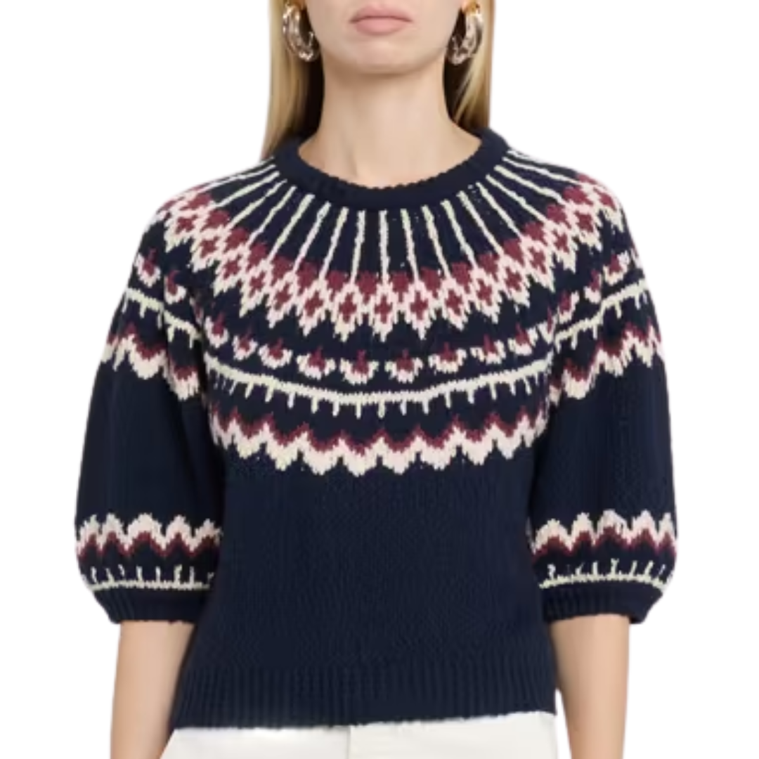 Puff Sleeve Fair Isle Crew in Navy/Wine Combo