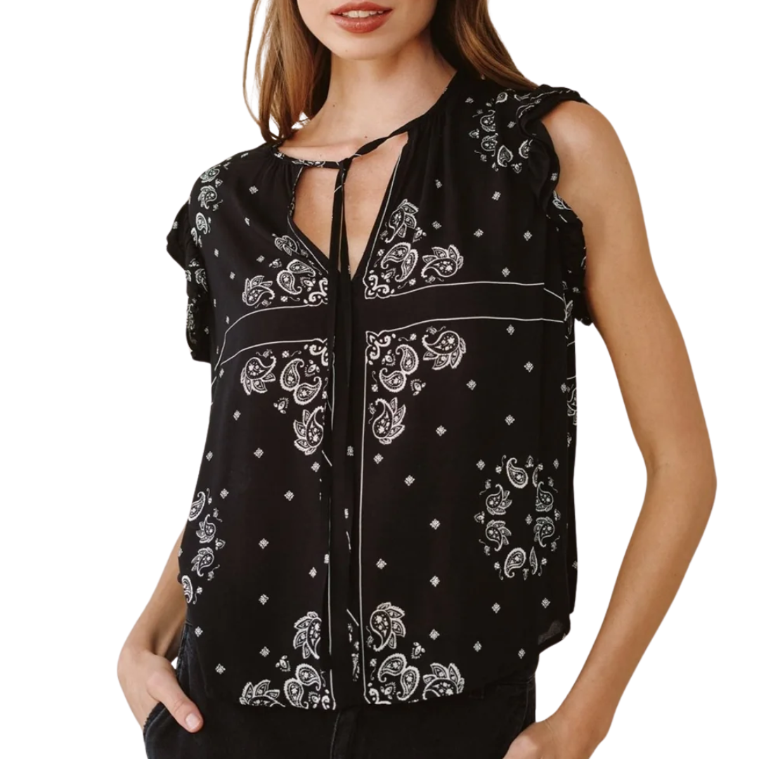 Ruffle Sleeve Tie Neck in Bandana Print