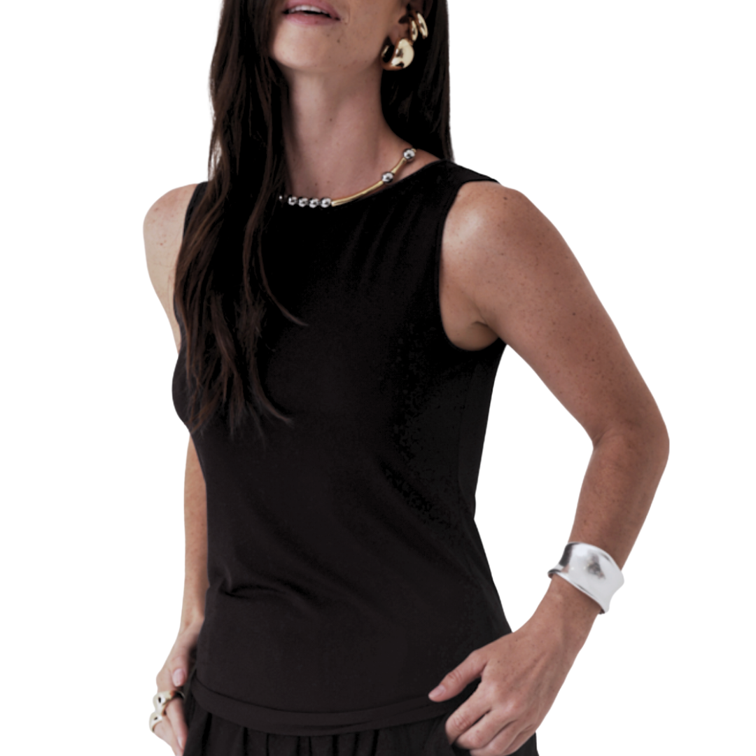Jersey Stretch Crewneck Tank in Noir