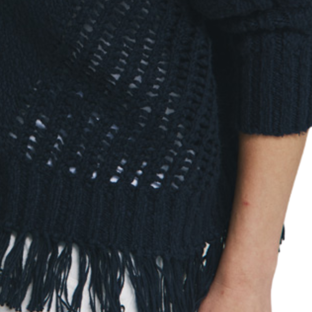 Fringe Mixed Stitch Cardigan in Navy